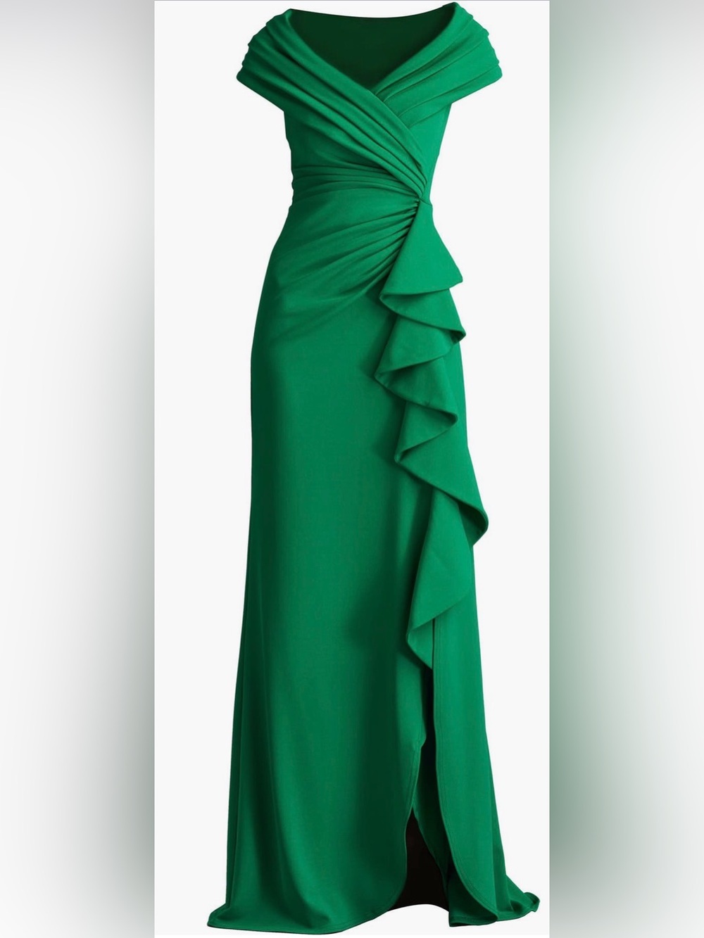 Tadashi Shoji Cascade Ruffle Portrait Neck Gown
